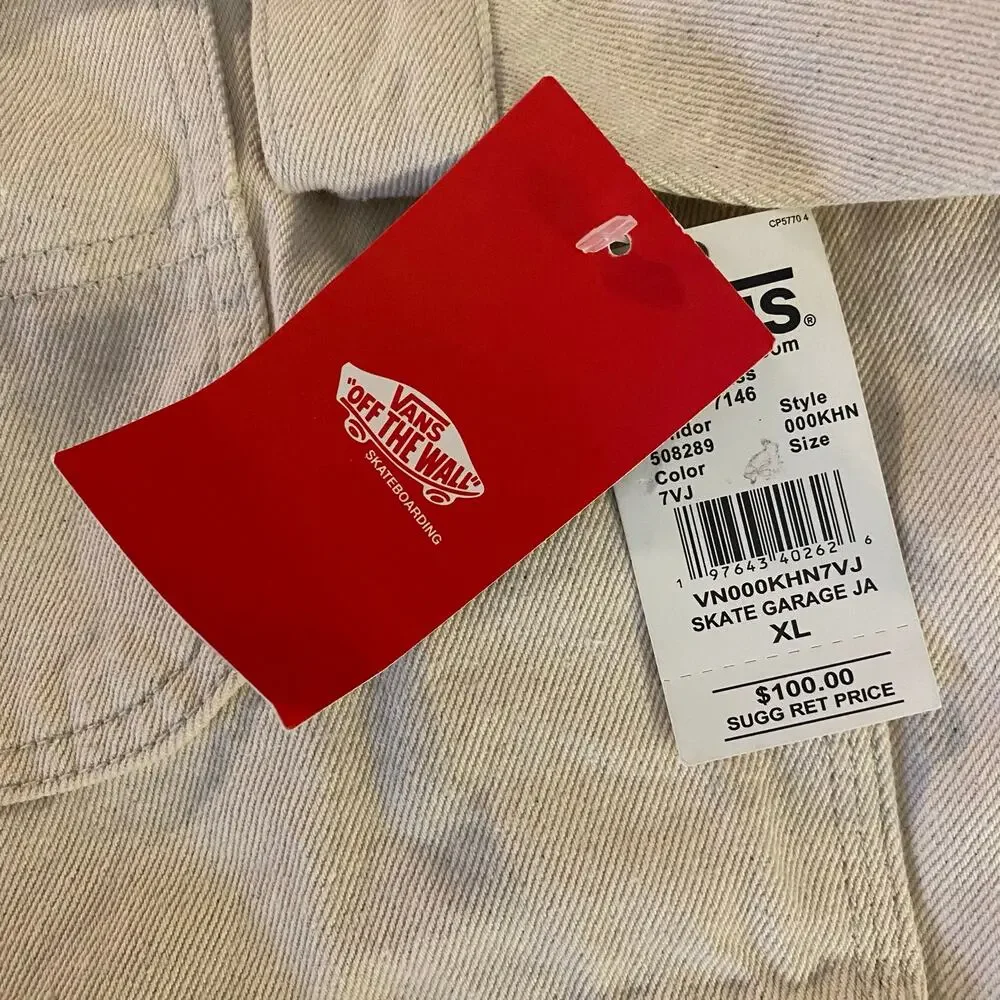 NWT Vans Skate Garage Jacket Mens XL Natural Beige Denim Full Zip Skater Casual